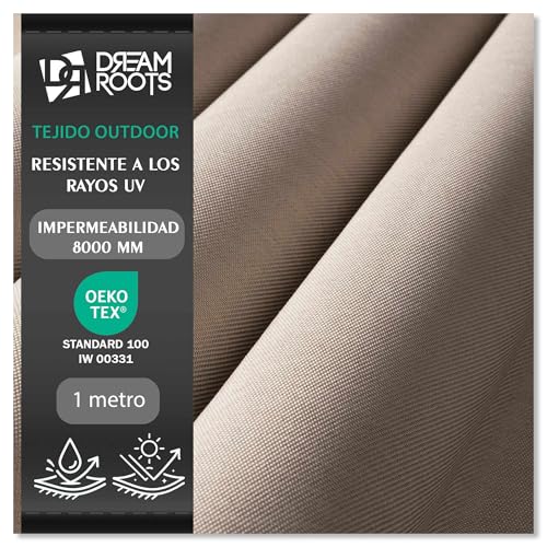 DreamRoots Tela Impermeable Exterior por Metros Aspecto Lino Resistente UV - Tela de Toldo y Tapizar con Revestimiento PU, 240 g/m², Columna de Agua 8000 mm, 60.000 Martindale - Beige, 1 m