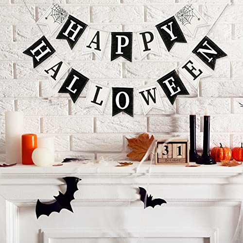 Whaline 2Pcs Happy Halloween Burlap Banner White Black Halloween Party Banner Holiday Hanging Bunting Garland Sign for Fireplace Wall Porch Decors Photo Prop by Whaline - Used condition - Image 3