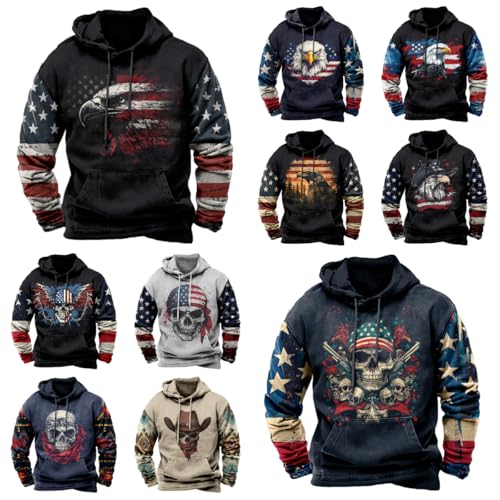 MARSVOVO Patriotic Western Hoodies for Men Country Hooded Sweatshirt Vintage Eagle Skull Flag Print Fall Oversized Shirt3
