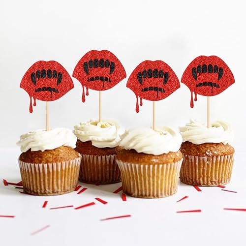 Ercadio 24Pcs Halloween Cupcake Toppers Glitter Red Vampire Teeth Cupcake Picks For Halloween Horror Movie Bloody Theme Birthday Party Cake Decorations Supplie thumb #4