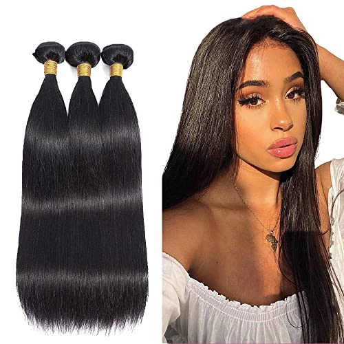 NiegMeag 8 10 12 Inch Straight Bundles Human Hair 8A Grade Brazilian Straight Hair 100% Unprocessed Virgin Hair Straight Human Hair 3 Bundles Hair Weave Extensions Natural Color