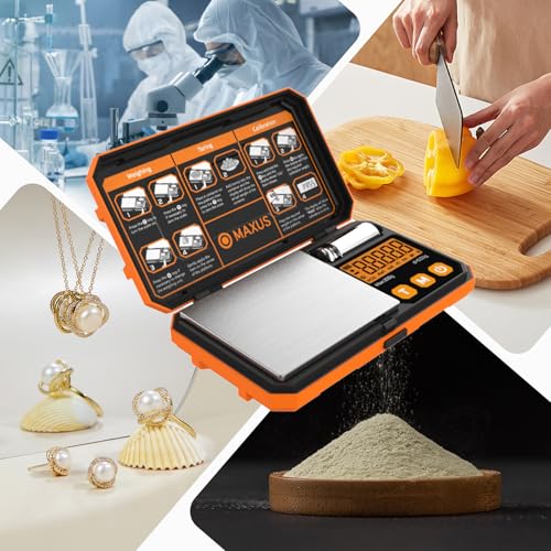 Image of MAXUS Pocket Scale, 200g x 0.01g, with 50g Calibration Weight and USB Cable | Digital Gram Scale, 6 Units, Backlit LCD, Stainless Steel Platform, Rubber Edges, for Jewelry, Coins, Powders, Food or Gems