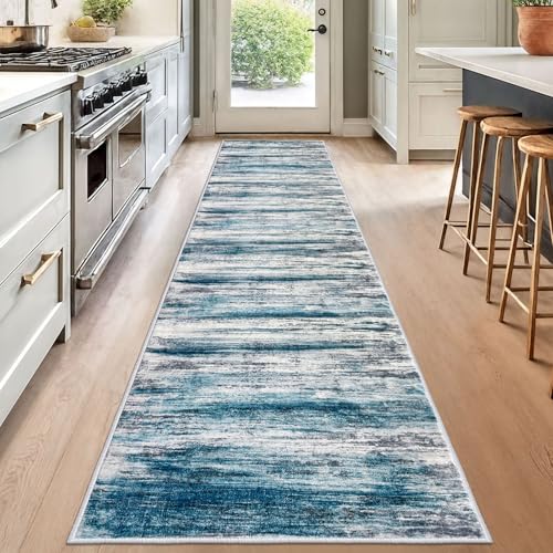 KOZYFLY Modern Abstract Hallway Runner Rug, 2.6x12 Washable Rug Runner Non-Slip Soft Striped Kitchen Runner Rugs, Print Distressed Blue Carpet Runner for Entryway Bathroom Laundry Room Foyer