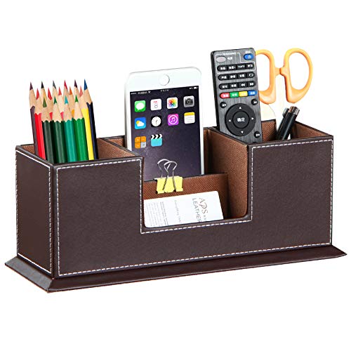 PU Leather Cute Pen Organizer,Pencil Holder,Pen Cup/Stand/Tray/Container/Caddy,desk organizers and accessories,Office Supplies Desktop Storage Box for Stationery,Business Card,Phone,etc.â€¦ (brown)