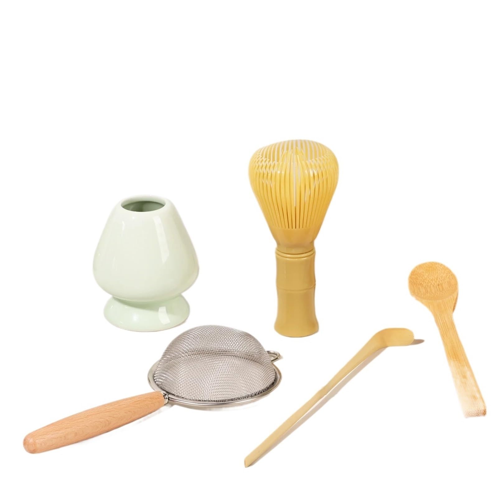 Juego de 5 batidores de matcha. Práctico juego de matcha. Incluye soporte for batidor, batidor de matcha, colador, cuchara for té y cuchara for té. Preparación de matcha. Juego de Té Matcha