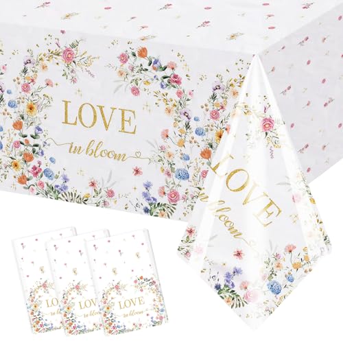 Image of MEHOFOND 3pcs Love in Bloom Bridal Shower Tablecloth, Wildflower Floral Disposable Plastic Table Cover 54x108 Inch, Spring Wedding Engagement Bachelorette Party Decorations