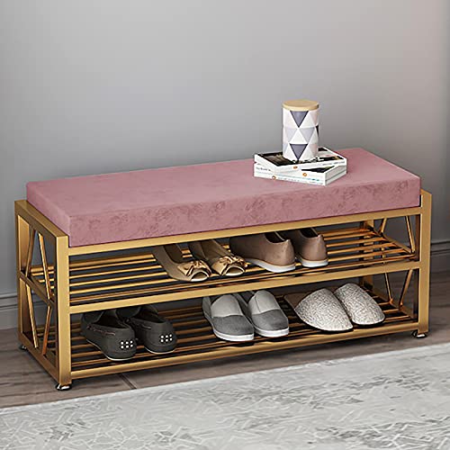 Banc à chaussures haut de gamme en velours rose et finitions dorées