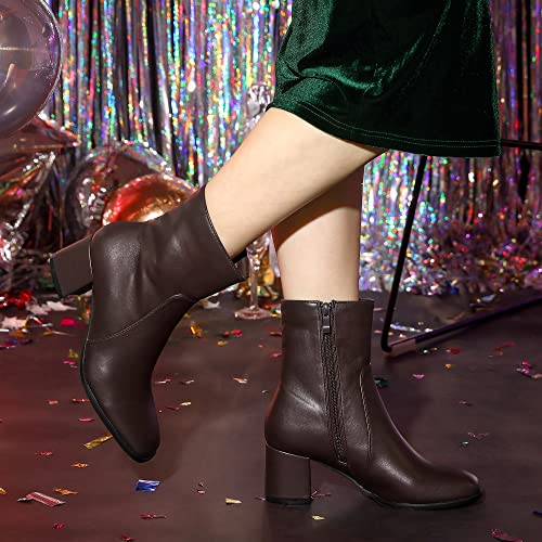 Allegra K Allegra K Women's Square Toe Side Zip Block Heel Coffee Ankle Boots 8 m US