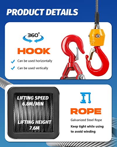Foto von NEWTRY 3 in 1 Elektrische Seilwinde 500KG/1100lb Drahtlose Fernbedienung 7.6m/25ft 1500W Elektrischer Seilhebezeug mit Überlastschutz (Tragkraft 500KG)