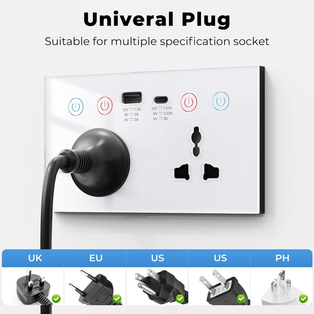 Enchufe Inteligente Tuya Wi-Fi con USB Tipo C, Enchufe de Pared Universal 4 en 1, Monitor de Energía e Interruptor Táctil.