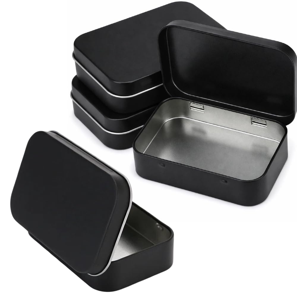 KeyLunacy 4 PCS Metal Tins Storage Boxes with Lids, 9.5X6cm Black Rectangular Storage Container Boxes, Mini Portable Boxes Storage Kit for DIY, Gift Cards,Candy,Earring,Coin,Small Items