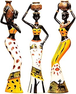3 Piece Set African Women Figure Art Statues Girls Tribal Lady Figurine Statue Decor Collectible Art Piece Vintage Gift Craft Doll Stand W4545-3Pcs Yellow