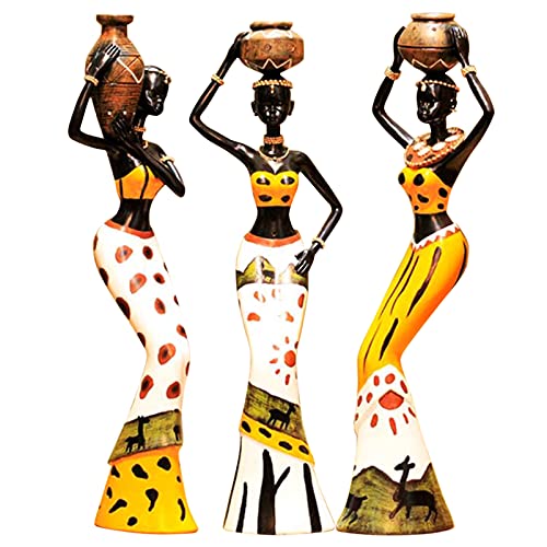 Juanxian Lot de 3 figurines africaines Figurines tribales Statue décorative Pièce d'art de collection Cadeau vintage Support de poupée W4545-3 pièces - Jaune