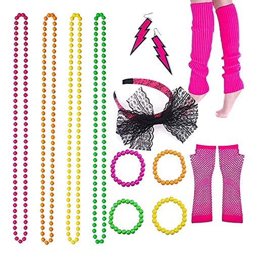 Accessoires de déguisement des années 80 pour femmes et filles, colliers néon en résille, gants, jambières, accessoires de costume des années 80 pour enterrement de vie de jeune fille (rouge) Cover