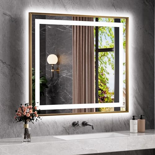 Amorho 40"X36" Gold LED Bathroom Mirror, Metal Framed Mirror with Front Light and Backlit, Stepless Dimmable, Anti-Fog, Shatter-Proof, Memory, 3 Colors by Amorho - Used condition - US$164.79