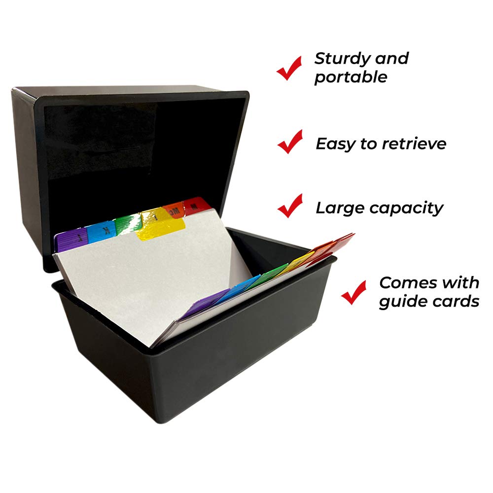 Indigo® 8x5" Black Index Card Box with A-Z Coloured Guide Cards - Durable Filing Storage Box for Office Home & School Use - Image 2