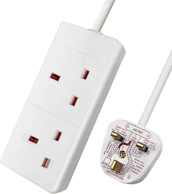 ExtraStar 2 Way Extension Lead, 13A Fused UK Plug Adapter, 1 Metre Extension Cable Power Strip - White