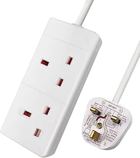 ExtraStar 2 Way Extension Lead, 13A Fused UK Plug Adapter, 1 Metre Extension Cable Power Strip - White