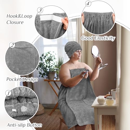Tigeen Plus Size Towel Wrap for Women Spa Robe Set with Shower Hair Drying Turban Cap Towel Headband Adjustable Bathrobe3