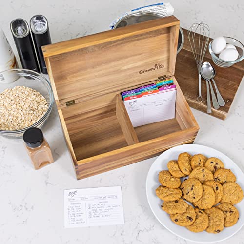 Beautiful Handcrafted Recipe Box Of Genuine Acacia Wood - Larger Size Holds 500 4X6 Cards In 2 Rows. Includes 50 Cards, 15 Dividers, Grooved Lid Display. Protected With Mineral Varnish. Ideal Gift #TOP5