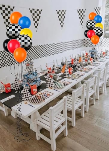 Image of Hot Car Balloon Bundle 20 Pcs Checkered Balloons Latex Balloon Orange Blue Black Red Yellow Boy 1st 2nd Hot Race Ca Fast One Two Fast Theme Wheels Race Car Birthday Party Decor Supplies Kit