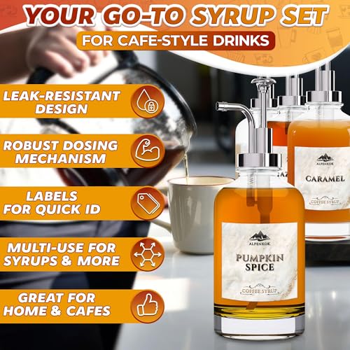 Image of Set of 4 Glass Syrup Bottle with Pump 16.9oz 500 ml - Thick Glass Syrup Dispenser for Coffee Bar with 18 Marked Labels, Leak-Proof, Easy Cleaning - Coffee Station Accessories for Home (Silver Pumps)