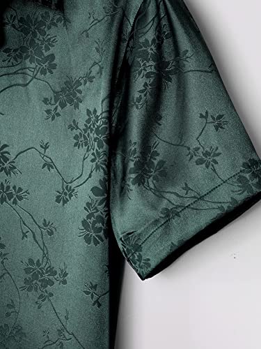 Oyoangle Men's Satin Floral Print Button Down Front Lapel Collar Solid Short Sleeve Shirt Dark Green L #TOP3