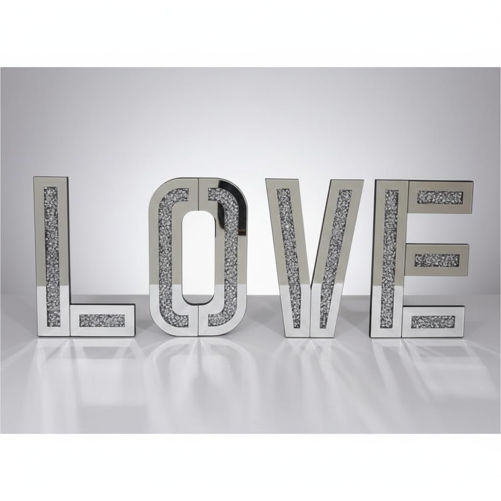Bargain Brooz Silver Love Bling Crushed Diamond Mirrored Love Letter | Wall Hanging Mosaic Decoration | Sparkly Home Decor