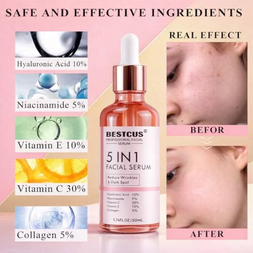 Generic BESTCUS Professional 5-in-1 Facial Serum with Hyaluronic Acid, Vitamin C 30%, Niacinamide, Collagen, Anti-Wrinkle Dark Spot Treatment, 1.76 Fl Oz