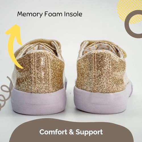 waddle wonder Toddler Shoes for Unisex-Child Princess Glitter Fashion Hook and Loop Easy On & Off Double Strap Laceless Casual Sparkly Sneaker Gold Size 6-104