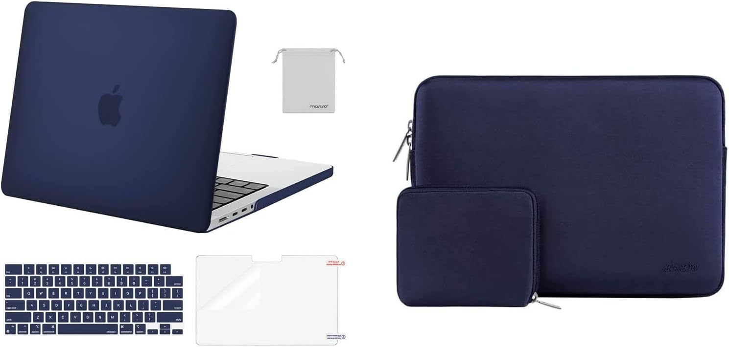 MOSISO Compatible with MacBook Pro 14 inch Case 2021 2022 Release A2442 M1, Neoprene Sleeve Bag&Plastic Hard Cased&Keyboard Cover&Screen Protector&Storage Bag, Navy Blue