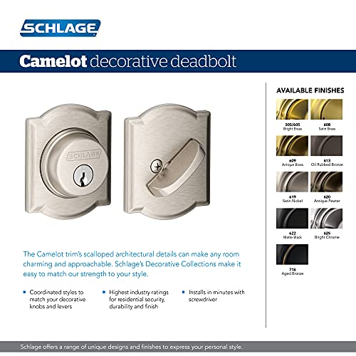 Schlage B60 N Cam 619 Deadbolt With Camelot Trim, Keyed 1 Side, Highest Residential Security, Satin Nickel #TOP2