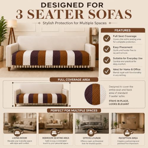 Image of Velvet Quilted Sofa Armrest Covers (Pack of 2) | Stripes | Anti-Slip Soft Washable Arm Covers with Tassels | 24 x 27 Inches (Half)