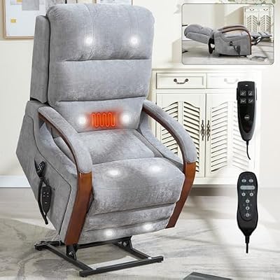 WEALTHOUSE Power Lift Recliner Chair with Massage Heat, Dual Motor Stand Assist Seating, Adjustable 45-180 Degree Backrest Footrest, Remote Control, Wood Armrests, Side Pockets (Gray,Faux Leather)