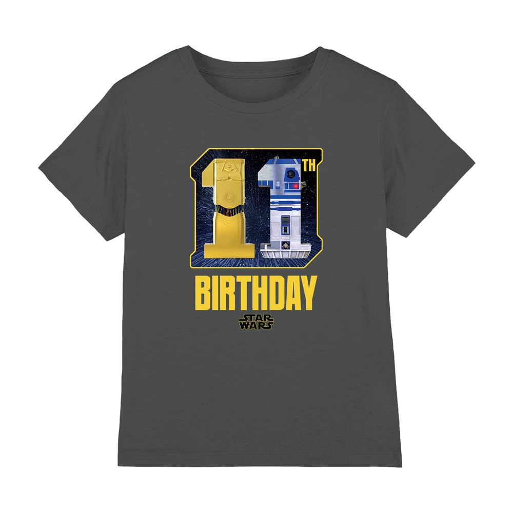 Star Wars C3PO R2D2 11th Birthday Space Unisex Kids T Shirt, Charcoal, 3-4 Years
