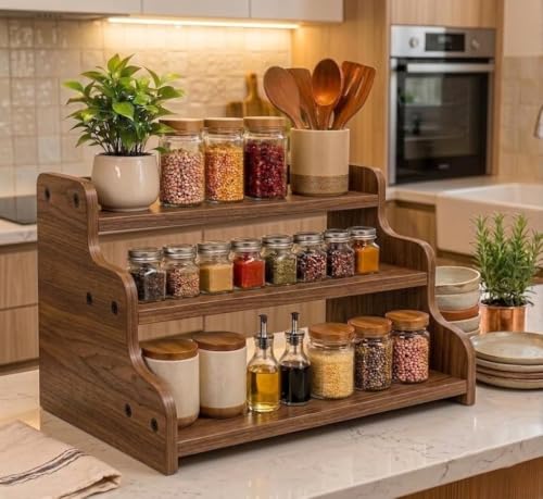 Image of 3-Tier Spice Rack, 13.8 Inch Wood Spice Bottles, Jars, Seasonings, Baking Supplies, Shelf Countertop Spice Storage Holder, Kitchen Pantry Cabinet Organizer Cupboard (BROWN)