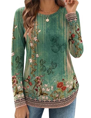 Zeagoo Womens Fall Fashion 2025 Casual Long Sleeve Shirts Crew Neck Floral Blouses Dressy Casual Tunic Tops M