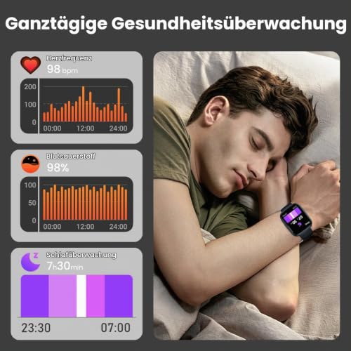 Poounur Smartwatch Herren Damen, 1.95" HD Smart Watch mit Bluetooth Anruf, 110+Sportmodi fitnessuhr, Fitness Tracker mit IP68 Wasserdicht… – Ansicht 3