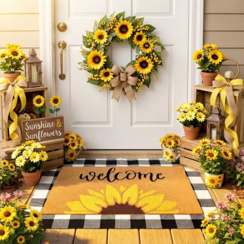 Tinideya 2 Pcs Summer Door Mat Sunflower Welcome Non Slip Coir Mats Floral Buffalo Plaid Floor Layering Doormats for Home Front Door Porch Entryway Decor