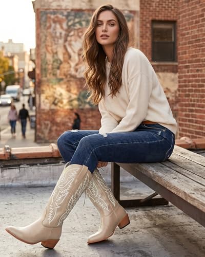 Image of Uillnoodu Wide Calf Cowboy Boots Women Adjustable Lace Up Knee High Tall Plus Size Cowgirl Boots Western Style Comfortable 2-Inch Heel