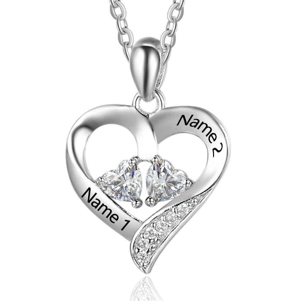 Tian Zhi JiaoPersonalized Couple Promise Necklace with 2 Simulated Birthstones Custom Love Heart Pendant Engraved 2 Names Necklace for Women