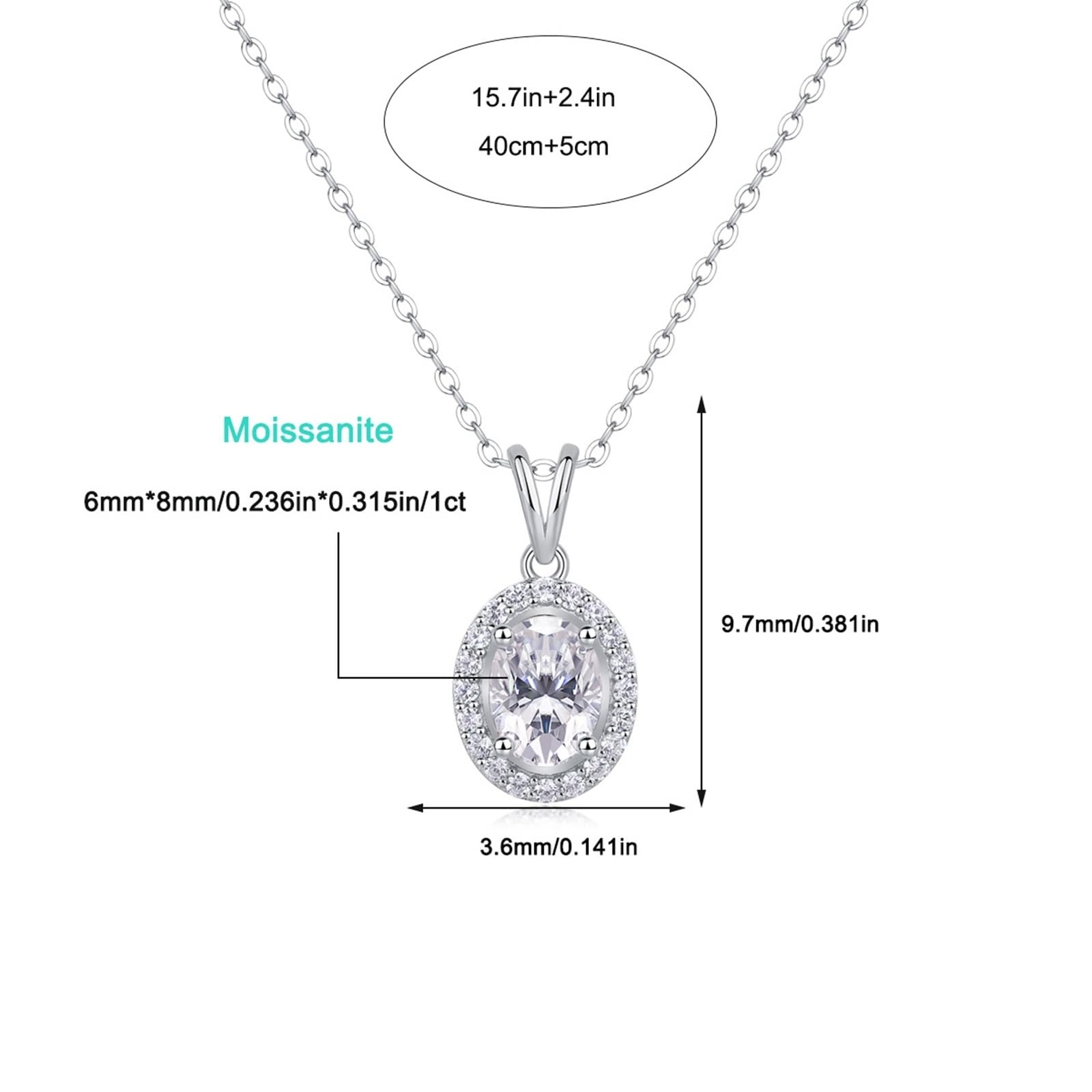 Collana in oro bianco 18 carati Au750 con moissanite ovale, ciondolo classico, 45 cm