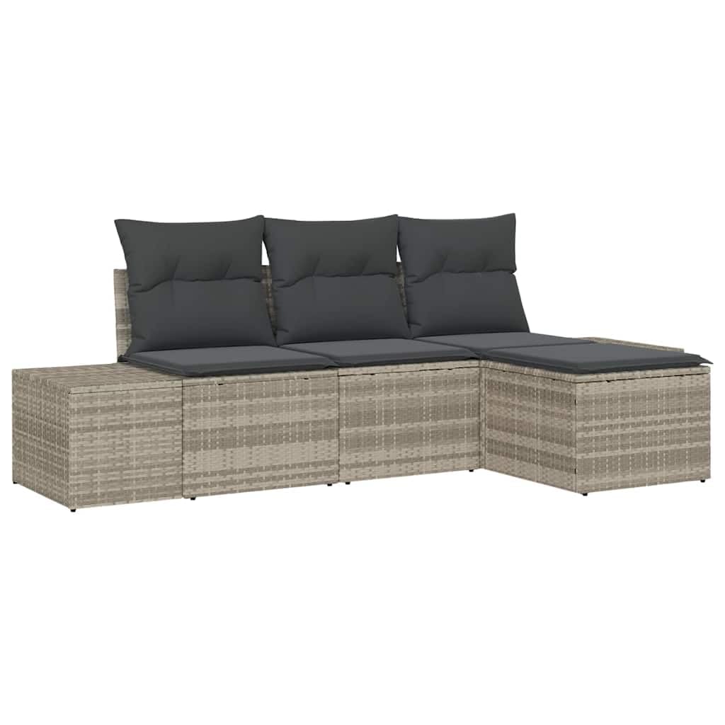 Juego de muebles de jardín en forma de L con espacio de almacenamiento, juego de sofá de jardín con mesa de café de cristal y cojines desmontables de polirratán gris claro (4 unidades)