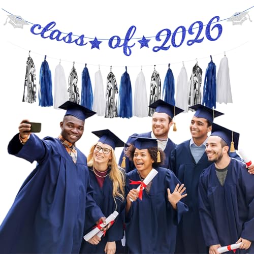 Image of Navy-Blue White Silver Graduation Party-Decorations Garland - 31pcs Congrats Grad Class 2026 Banner,Hat Hanging Streamers,College High School Congratulations Master Classroom Backdrop Decor Burgleda