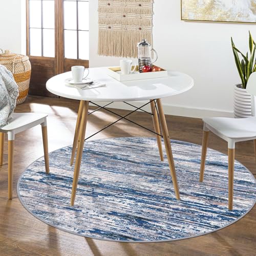 Navy Blue Gray Neutral Multi 6' Round Rug Washable Rug for Entryway Soft Non-Slip Area Rugs Modern Abstract Low-Pile Carpet, Neutral Vintage Circle Rugs for Living Room Dining Bedroom Foyer