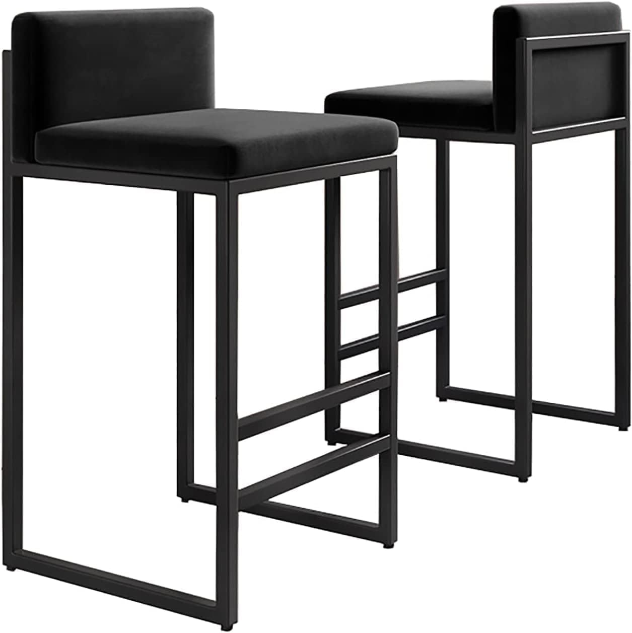 Tabourets de bar en velours noir 75cm avec dossier pour îlot de cuisine | Lot de 2
