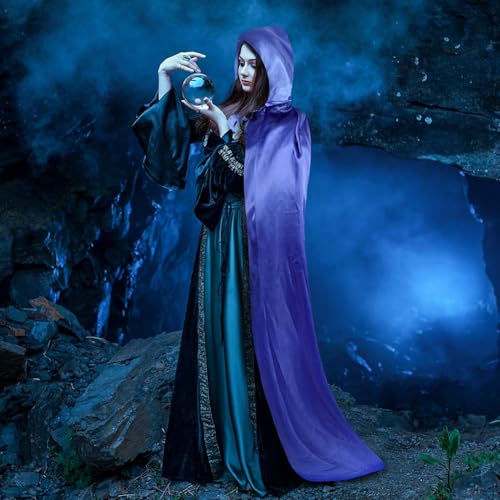 Aomig Schwarzer Umhang Vampir Umhang Jedi Mantel Mittelalter Umhang mit Kapuze für Erwachsene Unisex Scream Kinder Cape Kostüm Halloween Costume Maskerade Familienfeier Karneval Cosplay (Blau-150cm)