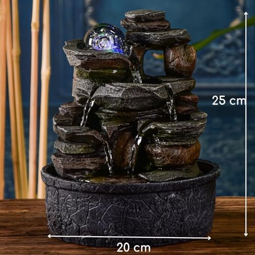Zimmerbrunnen Wasserfall Natur Stein Rock Light Effekt Buntes Licht, Geschenkidee, Bewegte Innendekoration - Zen Tischbrunnen Entspannend, Feng Shui Objekt Glück, H 23cm - Satya Zen'Light