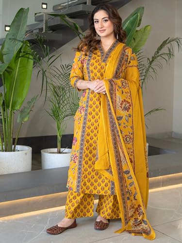 Image of Arayna Women's Pure Cotton Block Printed Ethnic Wear Kurta Set with Palazzo Pants & Dupatta, Mustard Yellow