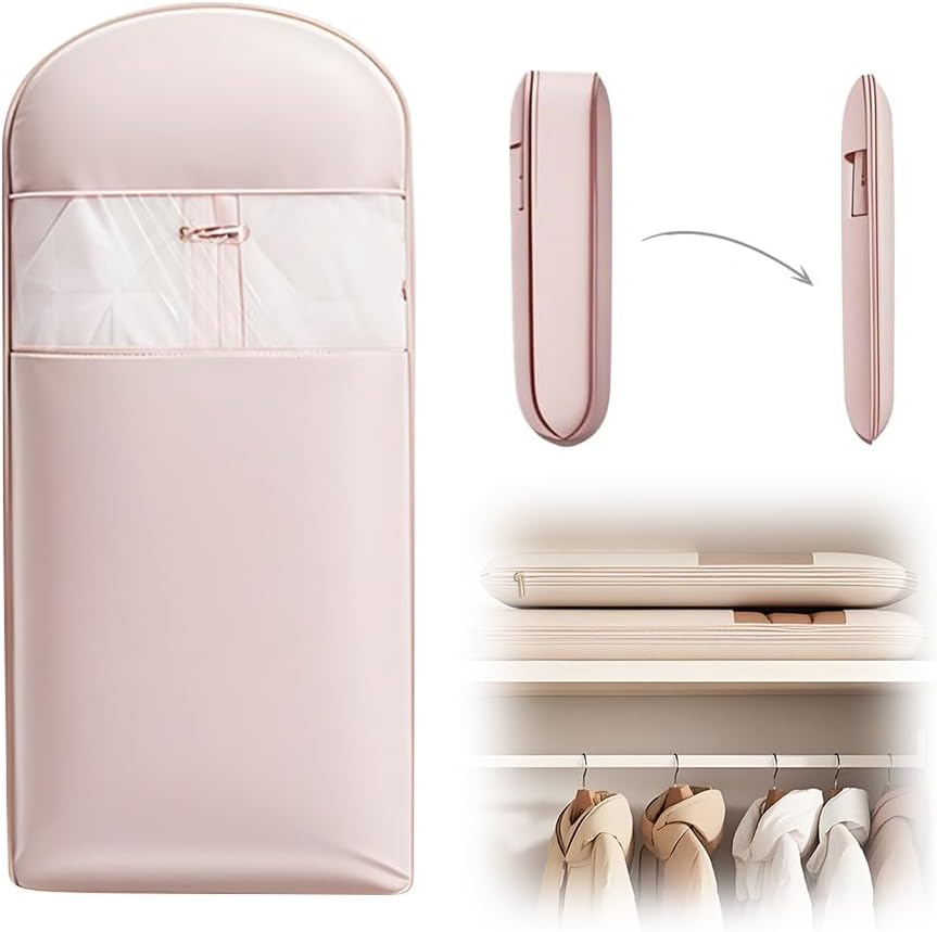 Space Saving Hanging Garment Bag with Self Compression Zipper, 2025 New Space Saver Closet Organizers, Down Coat Compression Dust Cover for Closet Storage (Pink, L)